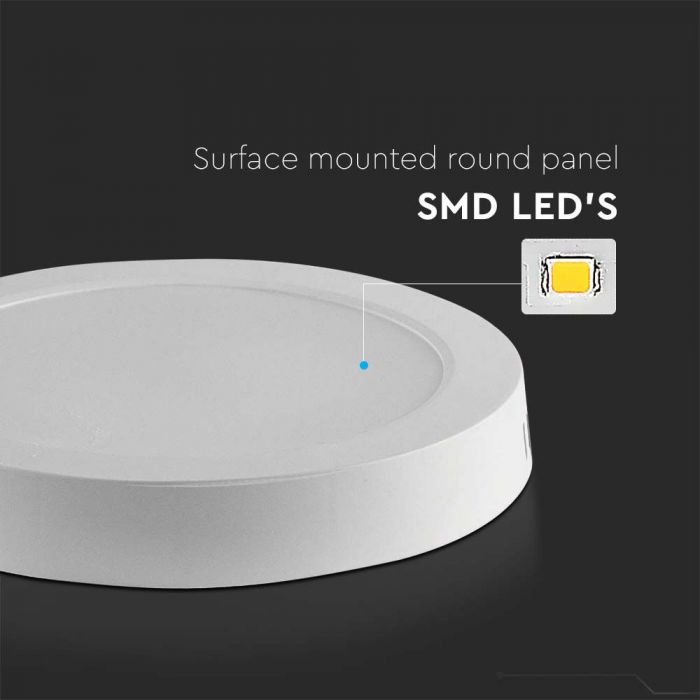 12W(1200Lm) LED panel surface-mounted round, IP20, V-TAC, white, cold white light 6500K, complete with power supply unit 