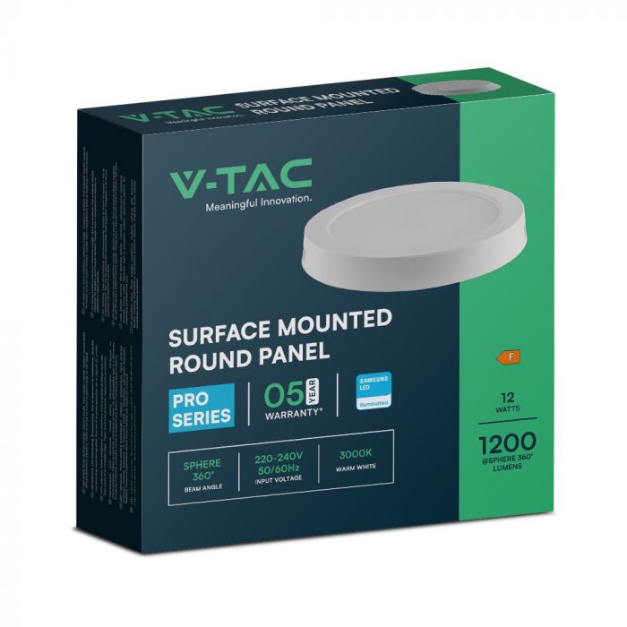 12W(1200Lm) LED panelis virsapmetuma apaļš, IP20, V-TAC, balts, neitrāli balta gaisma 4000K