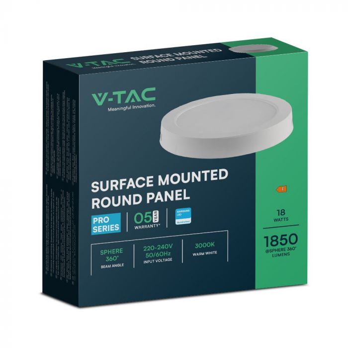 18W(1980Lm) LED ülemine paneel MINI, IP20, V-TAC SAMSUNG, valge, ümmargune, jahe valge valgus 6500K