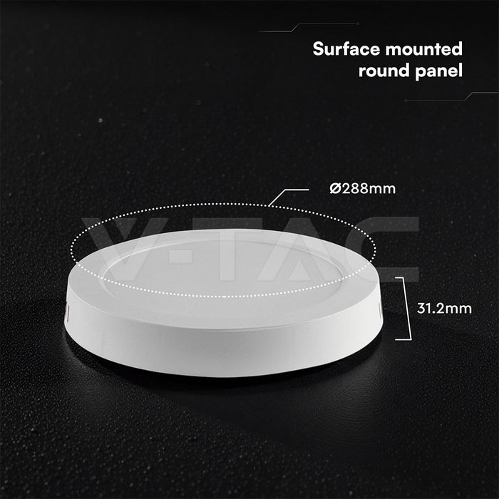 24W(2640Lm) LED apaļš virsapmetuma panelis, V-TAC VT-60024CCT, CREE SMD, 110Lm/W, IP20, balts, Ø288,6x31,2mm, 120°, 6 gadu garantija, 3in1 gaisma 3000K/4000K/6500K