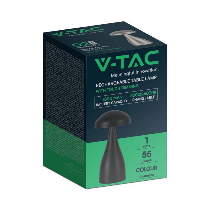 1W(55Lm) LED uppladdningsbar bordslampa, IP20, V-TAC, DC:5V, 1A med 1800mAH batteri, svart, 3IN1