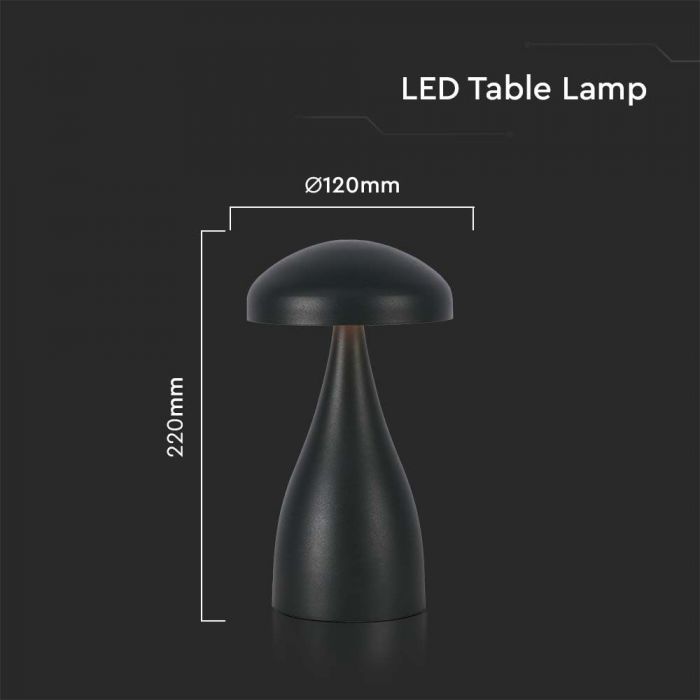 1W(55Lm) LED uppladdningsbar bordslampa, IP20, V-TAC, DC:5V, 1A med 1800mAH batteri, svart, 3IN1