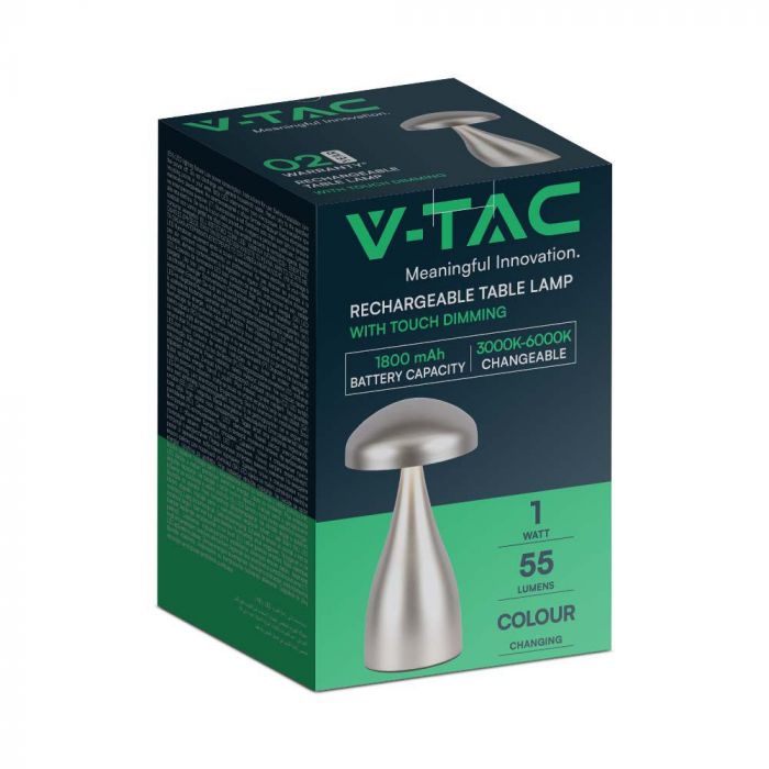 1W(55Lm) LED uppladdningsbar bordslampa, IP20, V-TAC, DC:5V, 1A med 1800mAH batteri, champagne, 3IN1