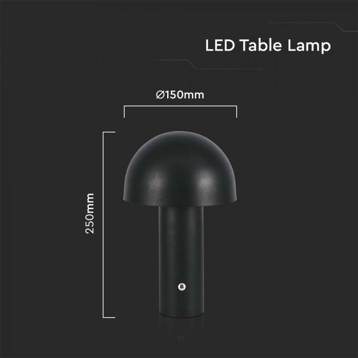 2W(200Lm) LED uzlādējama galda lampa ar 1800mAH bateriju, DC:5V, 1A, IP20, V-TAC, metāla, melna, 3IN1