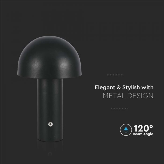 2W(200Lm) LED uzlādējama galda lampa ar 1800mAH bateriju, DC:5V, 1A, IP20, V-TAC, metāla, melna, 3IN1