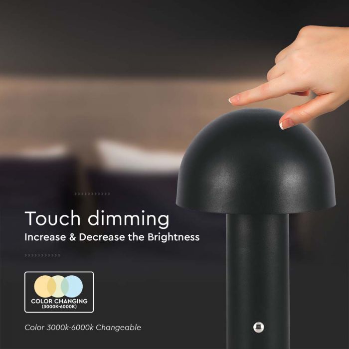 2W(200Lm) LED uzlādējama galda lampa ar 1800mAH bateriju, DC:5V, 1A, IP20, V-TAC, metāla, melna, 3IN1