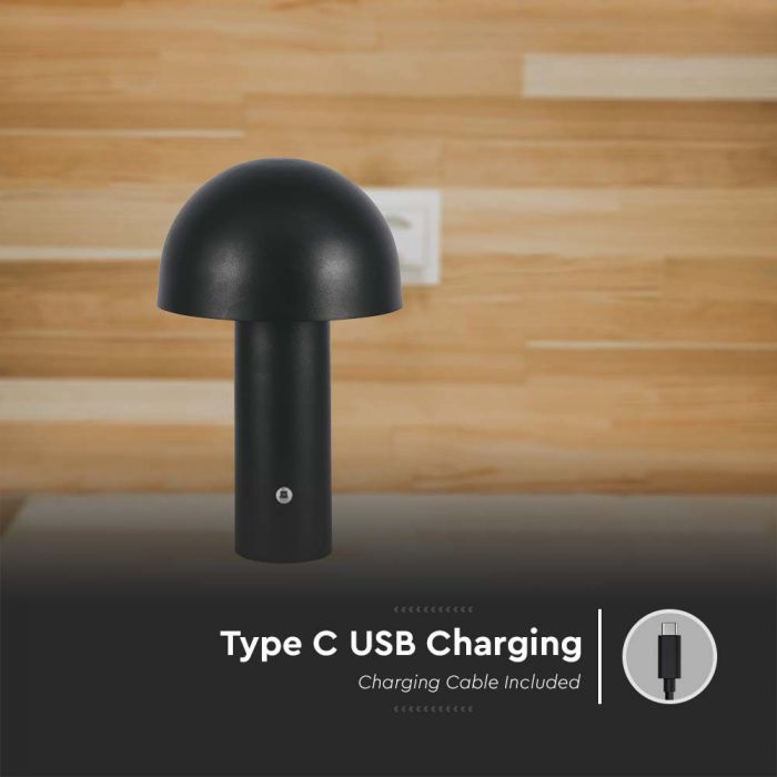 2W(200Lm) LED uzlādējama galda lampa ar 1800mAH bateriju, DC:5V, 1A, IP20, V-TAC, metāla, melna, 3IN1