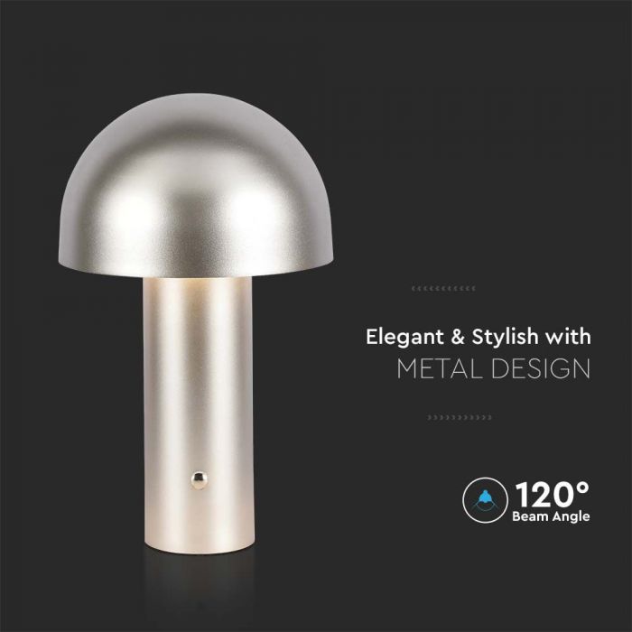 3W (200Lm) LED uppladdningsbar bordslampa med 1800mAH batteri, DC:5V, 1A, IP20, V-TAC, champagne, 3IN1