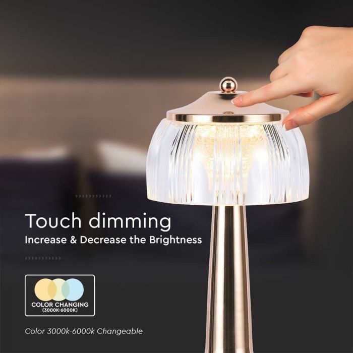 1W(55Lm) LED-bordslampa, V-TAC, IP20, med 1800mAh litiumbatteri, DC:5V, 1A, guld, 3IN1