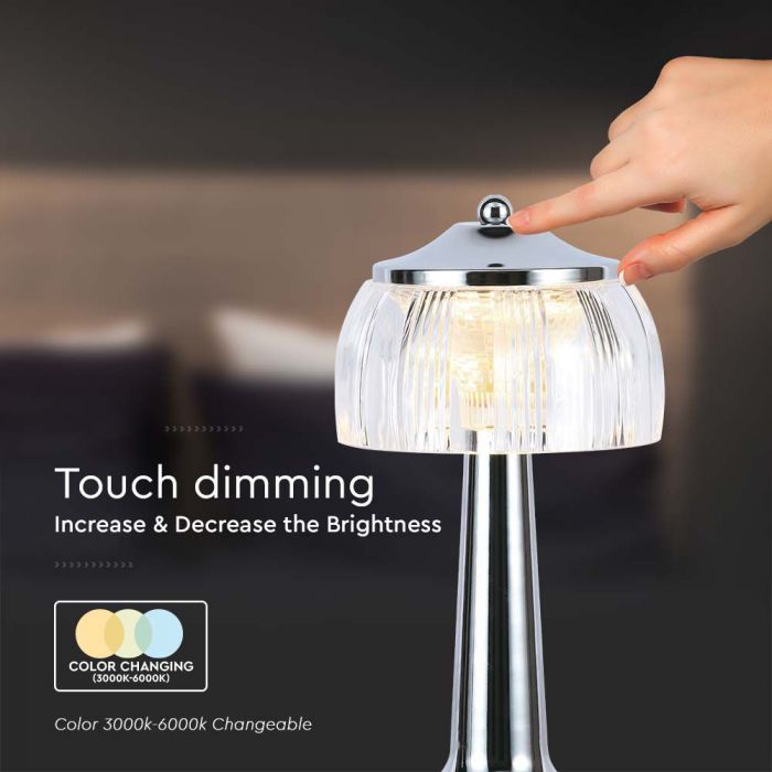 1W(55Lm) LED galda lampa, V-TAC, IP20,  1800mAh Litija baterija, DC:5V, 1A, hroma, 3IN1