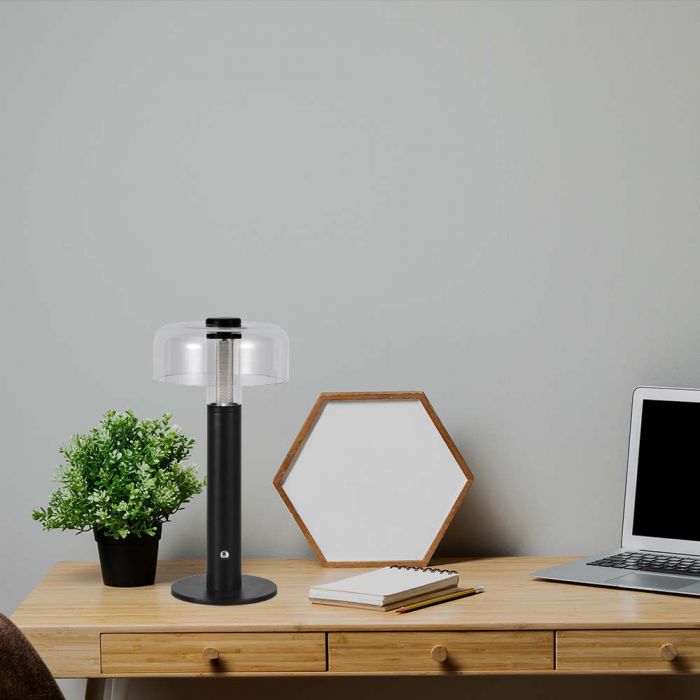 1W(100Lm) LED-bordslampa med 1800mAH batteri, DC:5V, 1A, V-TAC, IP20, dimbar, svart/transparent, varmvitt ljus 3000K
