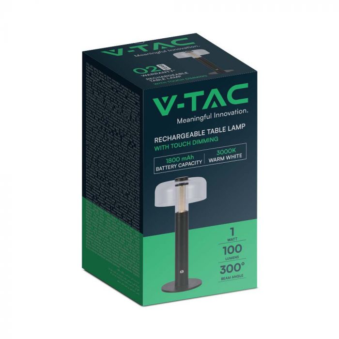 1W(100Lm) LED-bordslampa med 1800mAH batteri, DC:5V, 1A, V-TAC, IP20, dimbar, svart/transparent, varmvitt ljus 3000K