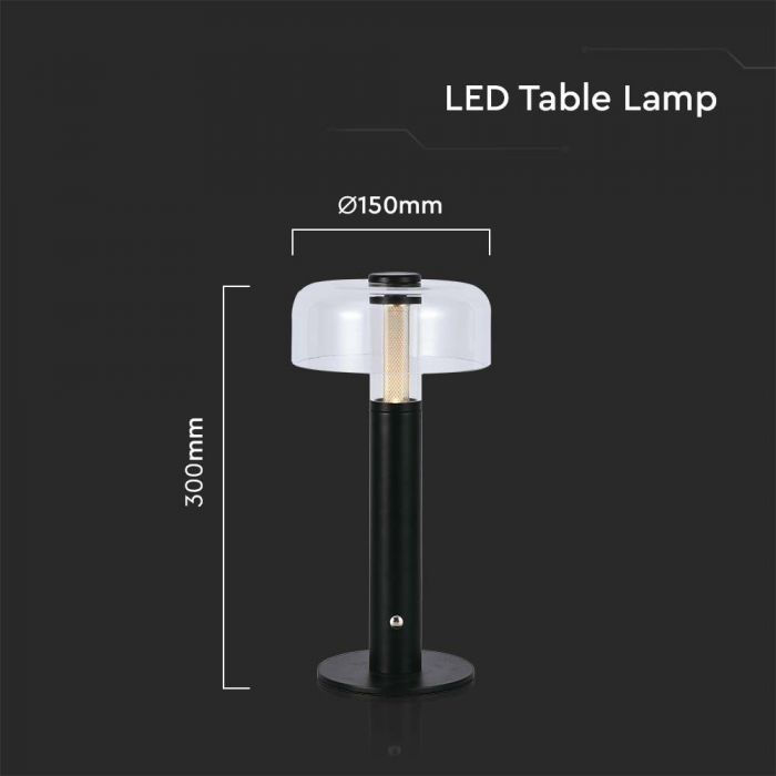 1W(100Lm) LED-bordslampa med 1800mAH batteri, DC:5V, 1A, V-TAC, IP20, dimbar, svart/transparent, varmvitt ljus 3000K