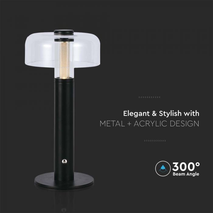 1W(100Lm) LED-bordslampa med 1800mAH batteri, DC:5V, 1A, V-TAC, IP20, dimbar, svart/transparent, varmvitt ljus 3000K