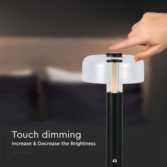 1W(100Lm) LED-bordslampa med 1800mAH batteri, DC:5V, 1A, V-TAC, IP20, dimbar, svart/transparent, varmvitt ljus 3000K