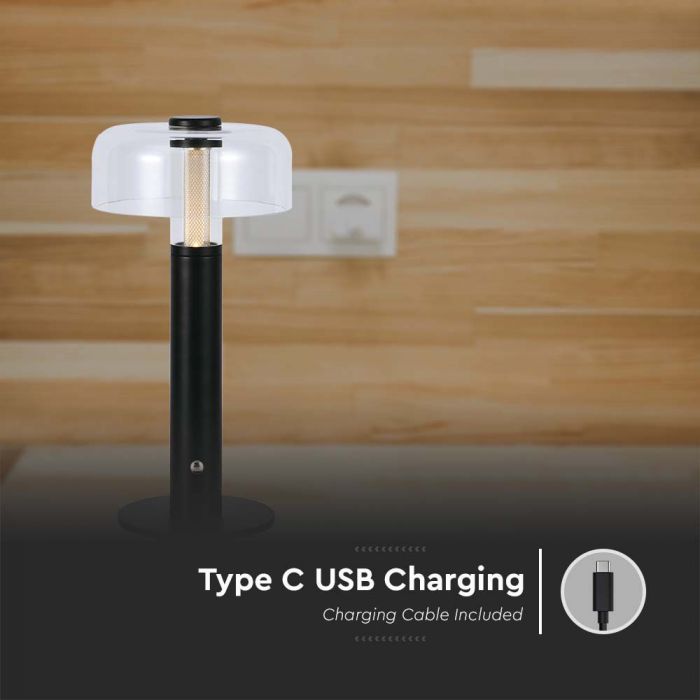 1W(100Lm) LED-bordslampa med 1800mAH batteri, DC:5V, 1A, V-TAC, IP20, dimbar, svart/transparent, varmvitt ljus 3000K
