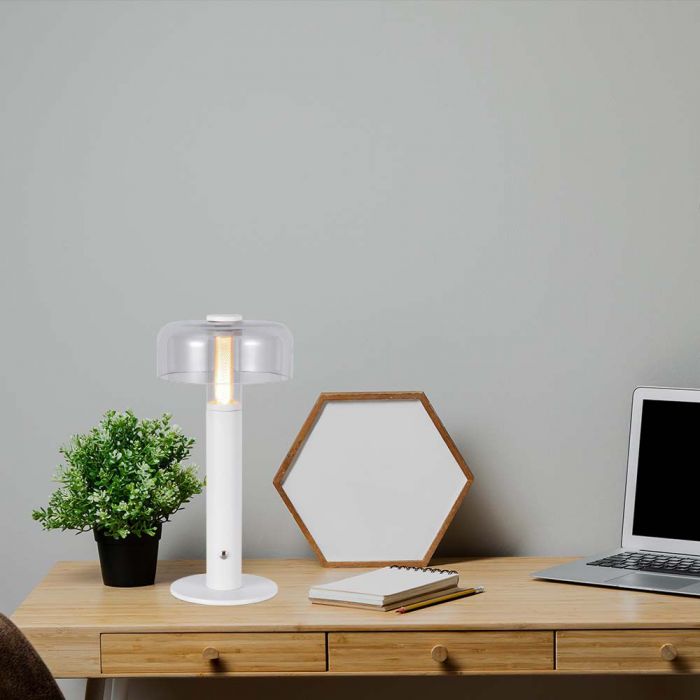 1W(100Lm) LED-bordslampa med 1800mAH batteri, DC:5V, 1A, V-TAC, IP20, dimbar, vit/transparent, varmvitt ljus 3000K