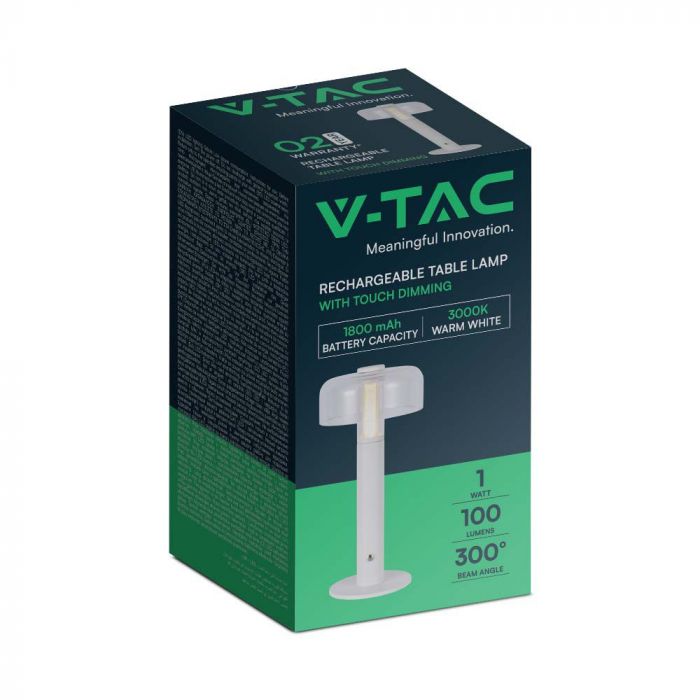 1W(100Lm) LED-bordslampa med 1800mAH batteri, DC:5V, 1A, V-TAC, IP20, dimbar, vit/transparent, varmvitt ljus 3000K