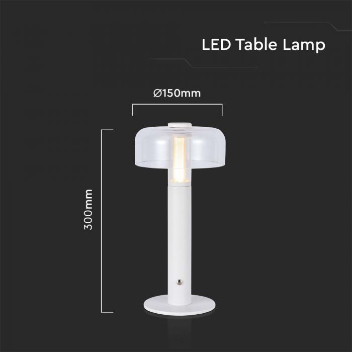 1W(100Lm) LED-bordslampa med 1800mAH batteri, DC:5V, 1A, V-TAC, IP20, dimbar, vit/transparent, varmvitt ljus 3000K