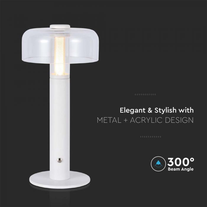 1W(100Lm) LED-bordslampa med 1800mAH batteri, DC:5V, 1A, V-TAC, IP20, dimbar, vit/transparent, varmvitt ljus 3000K
