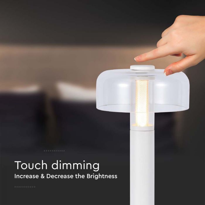 1W(100Lm) LED-bordslampa med 1800mAH batteri, DC:5V, 1A, V-TAC, IP20, dimbar, vit/transparent, varmvitt ljus 3000K