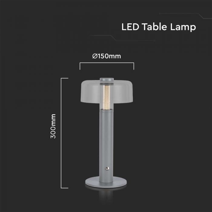 1W(100Lm) LED galda lampa ar 1800mAH bateriju,  DC:5V, 1A, V-TAC, IP20, dimmējama, pelēka/caurspīdīga,silti balta gaisma 3000K