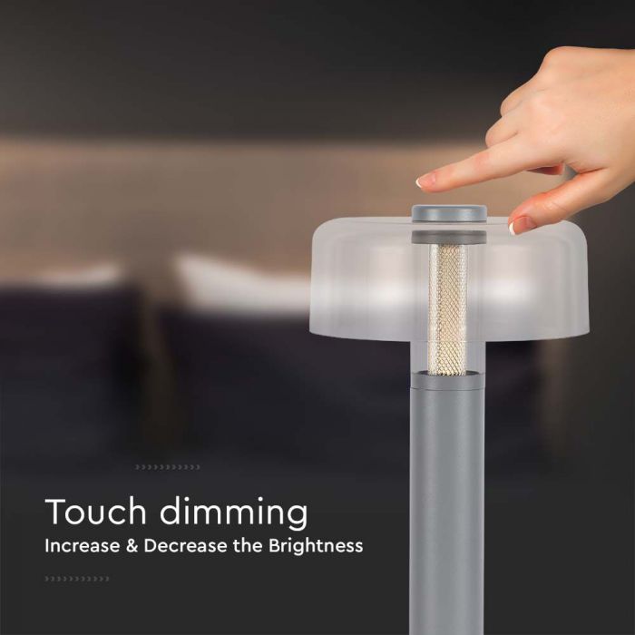 1W(100Lm) LED table lamp with 1800mAH battery, DC:5V, 1A, V-TAC, IP20, dimmable, grey/transparent, warm white light 3000K