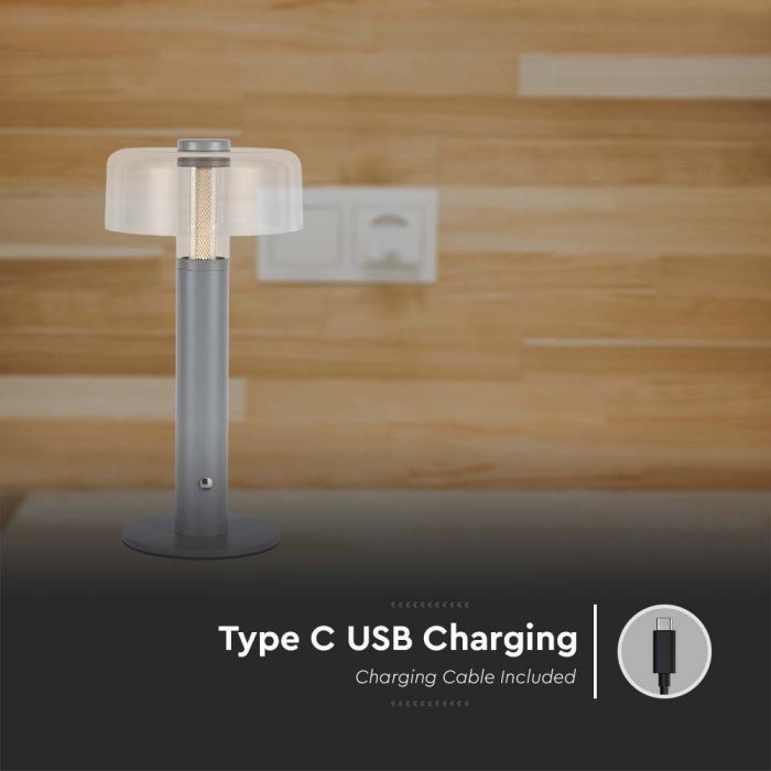 1W(100Lm) LED galda lampa ar 1800mAH bateriju,  DC:5V, 1A, V-TAC, IP20, dimmējama, pelēka/caurspīdīga,silti balta gaisma 3000K