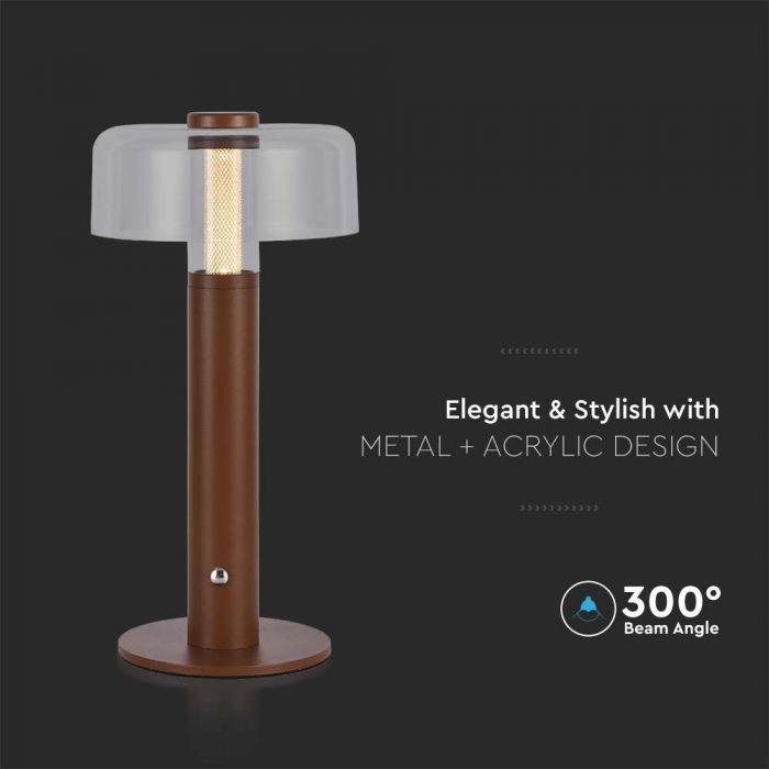 1W(100Lm) LED galda lampa ar 1800mAH bateriju,  DC:5V, 1A, V-TAC, IP20, dimmējama, brūna/caurspīdīga,silti balta gaisma 3000K