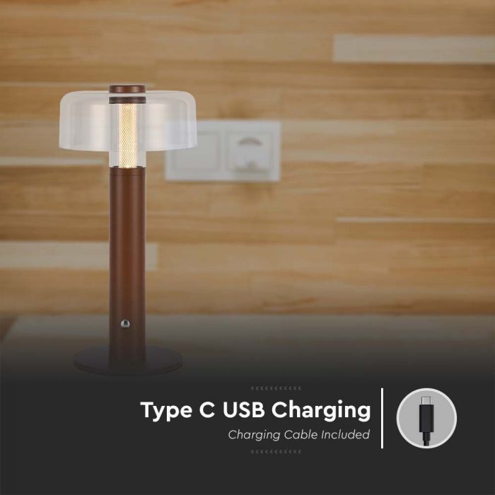 1W(100Lm) LED table lamp with 1800mAH battery, DC:5V, 1A, V-TAC, IP20, dimmable, brown/translucent, warm white light 3000K
