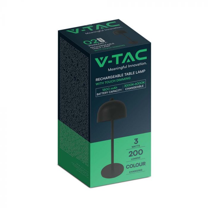 3W(200Lm) LED uzlādējama galda lampa ar 1800mAH bateriju, DC:5V, 1A, IP20, V-TAC, metāla, melna, 3IN1