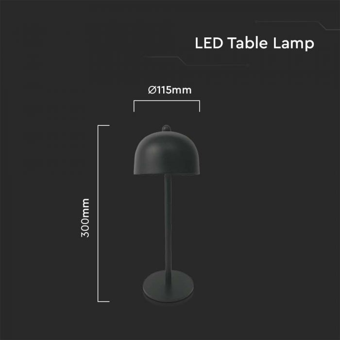 3W(200Lm) LED uzlādējama galda lampa ar 1800mAH bateriju, DC:5V, 1A, IP20, V-TAC, metāla, melna, 3IN1