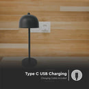 3W(200Lm) LED uzlādējama galda lampa ar 1800mAH bateriju, DC:5V, 1A, IP20, V-TAC, metāla, melna, 3IN1