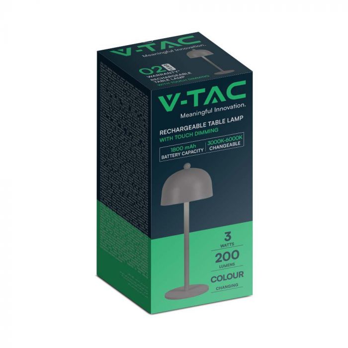3W(200Lm) LED rechargeable table lamp with 1800mAH battery, IP20, V-TAC, gray, 3IN1