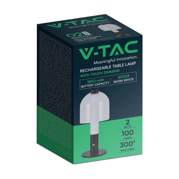 2W(100Lm) LED-bordslampa med 1800mAH batteri, DC:5V, 1A, svart/genomskinlig, V-TAC, IP20, glas, 3IN1
