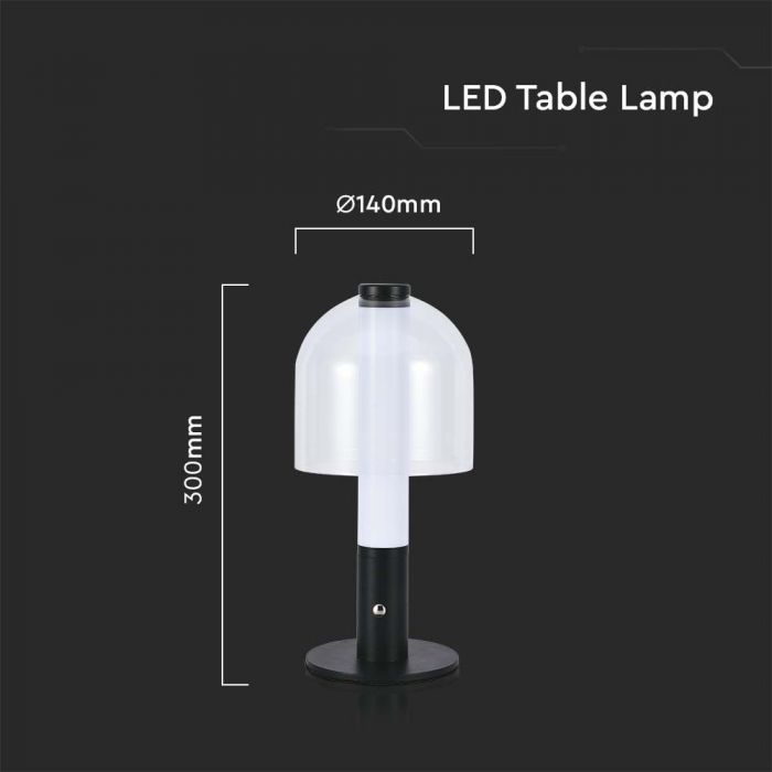 2W(100Lm) LED-bordslampa med 1800mAH batteri, DC:5V, 1A, svart/genomskinlig, V-TAC, IP20, glas, 3IN1