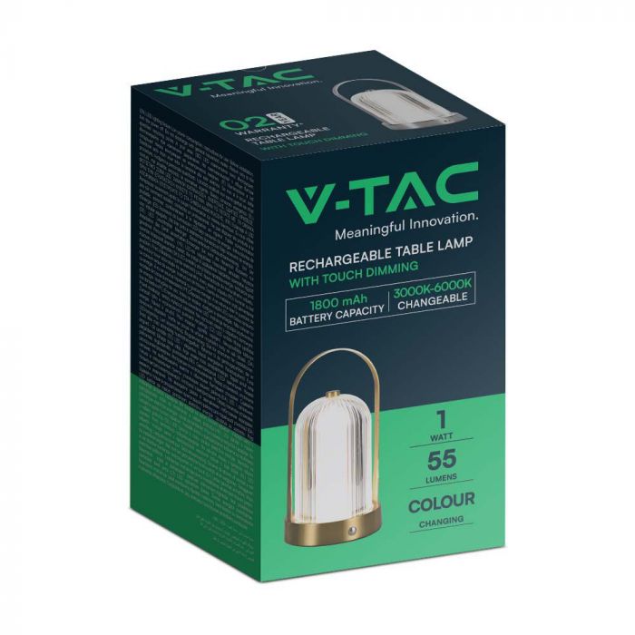 1W(55Lm) LED skrivbordslampa, V-TAC, IP20, med 1800mAh litiumbatteri, DC:5V, 1A, guld, 3IN1