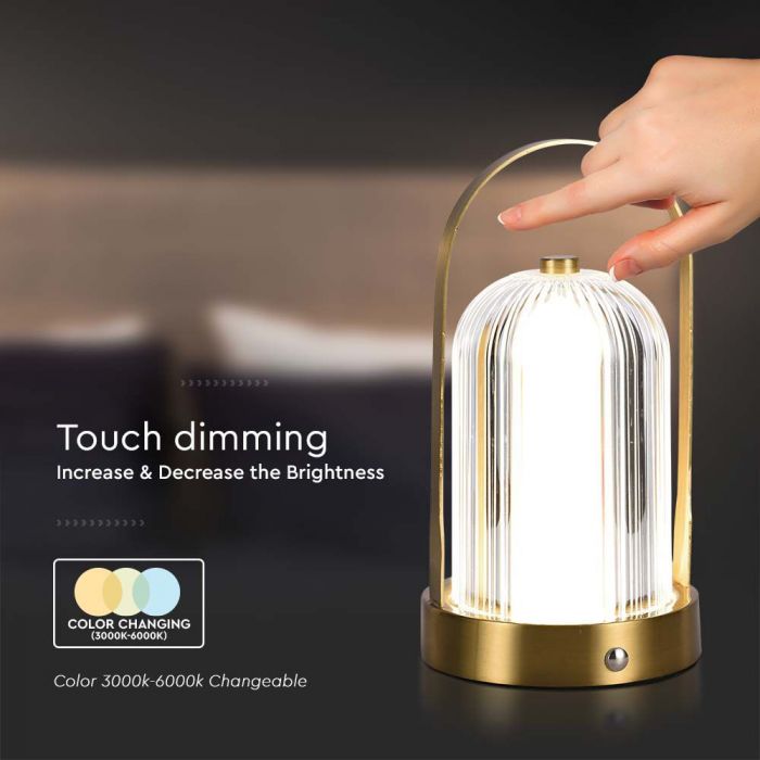 1W(55Lm) LED skrivbordslampa, V-TAC, IP20, med 1800mAh litiumbatteri, DC:5V, 1A, guld, 3IN1