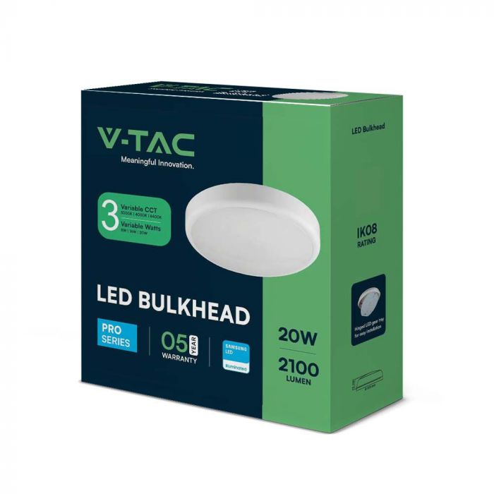 8/60/16W/20W(6000Lm) LED V-TAC SAMSUNG apaļš kupola gaismeklis ar mikroviļņu sensoru, IP65, balts, dimmējams, garantija  5 gadi, 3IN1