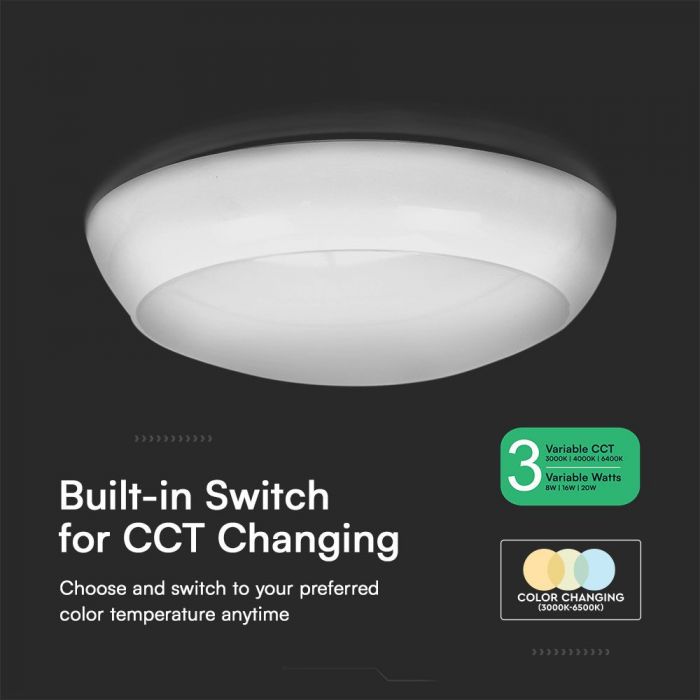 8W/16W/20W(1100–2700Lm) LED kupolveida gaismeklis, V-TAC VT-8603, SMD-CREE, 135Lm/W, IP65, IK08, balts, apaļš, 320x100mm, 110°, 6 gadu garantija, CCT 3000K/4000K/6500K