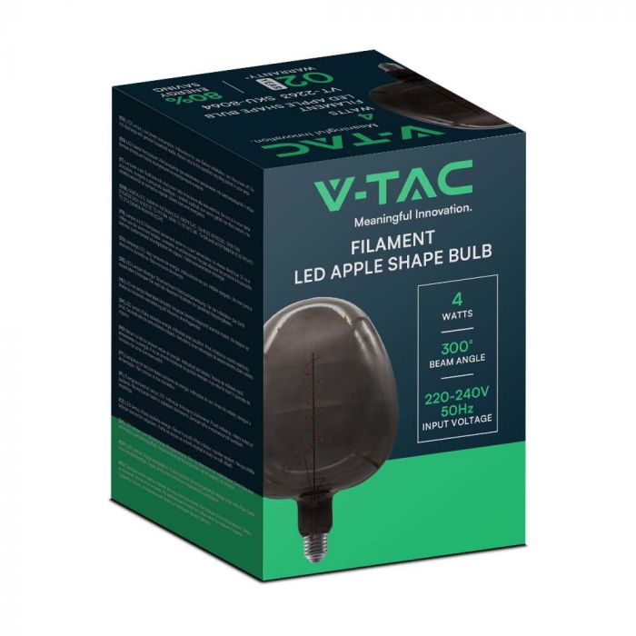 E27 4W LED dekoratīvā Filament spuldze, V-TAC, IP20,  190x275mm, melna, stikls