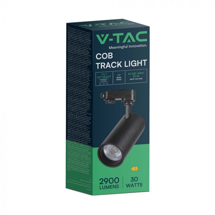30W(2900Lm) LED COB strömskenesarmatur, svart reflektor, svart bakstycke, V-TAC, IP20, 3IN1(2700/4000/6000K)