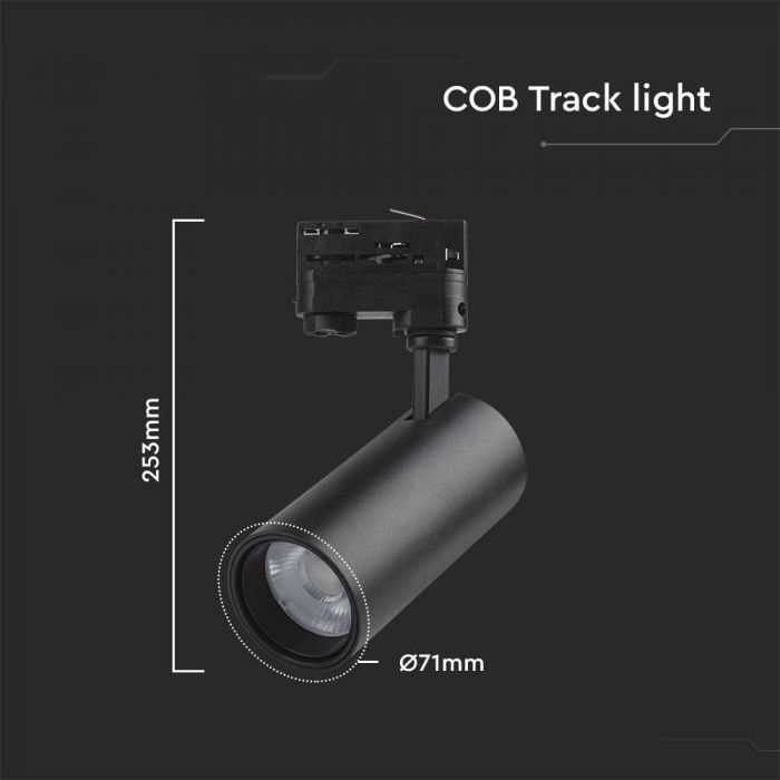 30W(2900Lm) LED COB track luminaire, black reflector, black back cover, V-TAC, IP20, 3IN1(2700/4000/6000K)