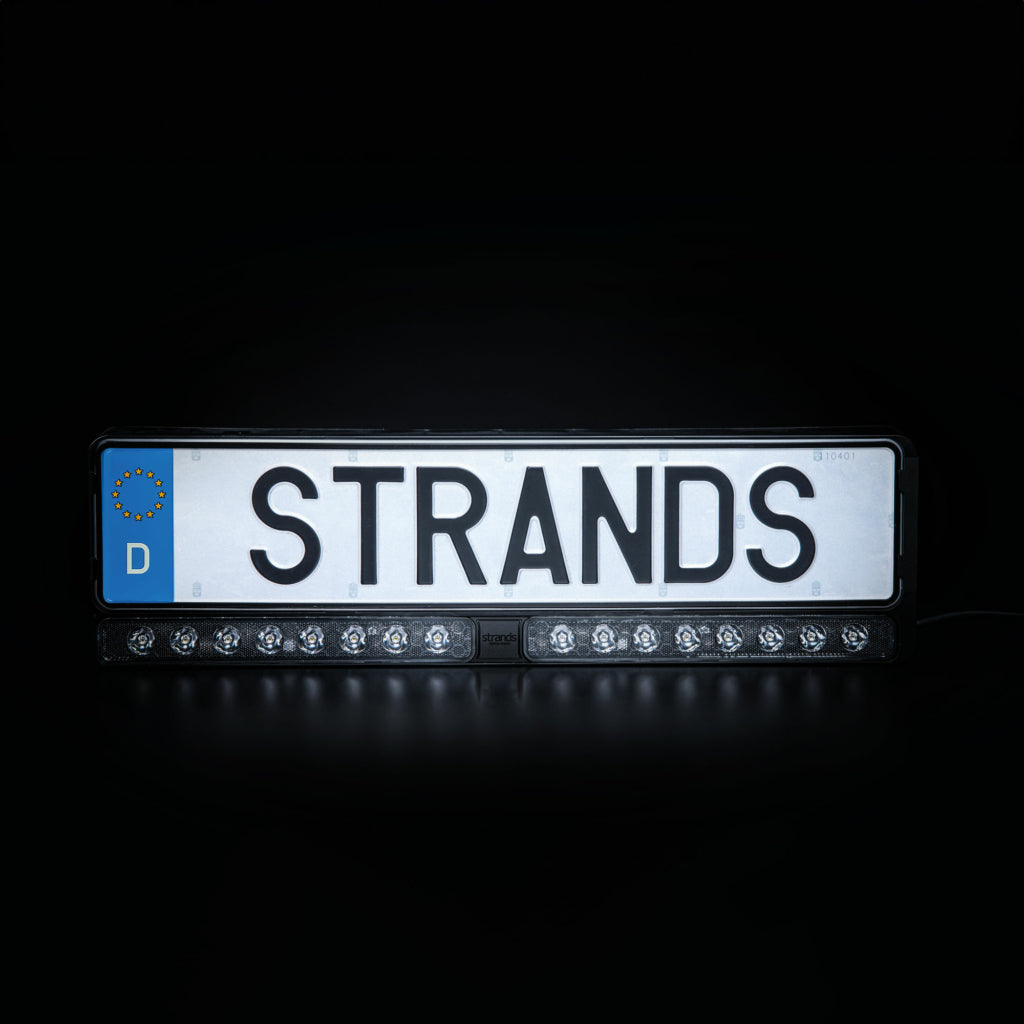 S-809138 / 9-36V 8793Lm STRANDS LED license plate frame with built-in LED double bar and markings visible up to 800m, premium quality Nuuk E-line, 3-year warranty