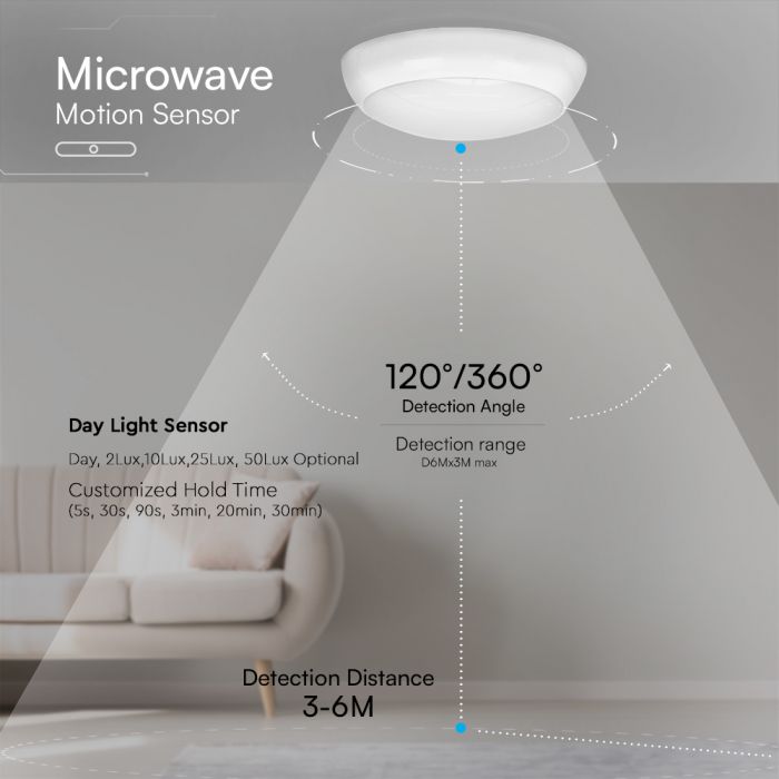 8W/16W/20W(1100–2700Lm) LED kupolveida gaismeklis ar avārijas funkciju un mikroviļņu sensoru, V-TAC VT-8633, SMD CREE, 135Lm/W, IP54, IK08, balts, Ø320x100mm, 110°, 3 gadu garantija, CCT 3in1