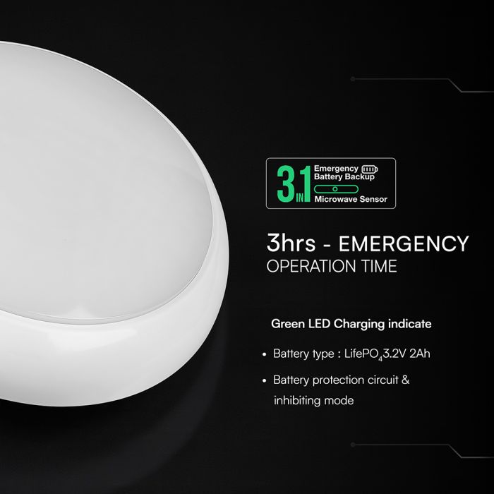 8W/16W/20W(1100–2700Lm) LED kupolveida gaismeklis ar avārijas funkciju un mikroviļņu sensoru, V-TAC VT-8633, SMD CREE, 135Lm/W, IP54, IK08, balts, Ø320x100mm, 110°, 3 gadu garantija, CCT 3in1
