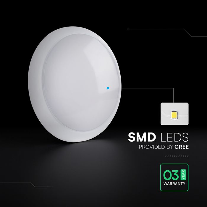 8W/16W/20W(1100–2700Lm) LED kupolveida gaismeklis ar avārijas funkciju un mikroviļņu sensoru, V-TAC VT-8633, SMD CREE, 135Lm/W, IP54, IK08, balts, Ø320x100mm, 110°, 3 gadu garantija, CCT 3in1