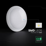 8W/16W/20W(1100–2700Lm) LED kupolveida gaismeklis ar avārijas funkciju un mikroviļņu sensoru, V-TAC VT-8633, SMD CREE, 135Lm/W, IP54, IK08, balts, Ø320x100mm, 110°, 3 gadu garantija, CCT 3in1