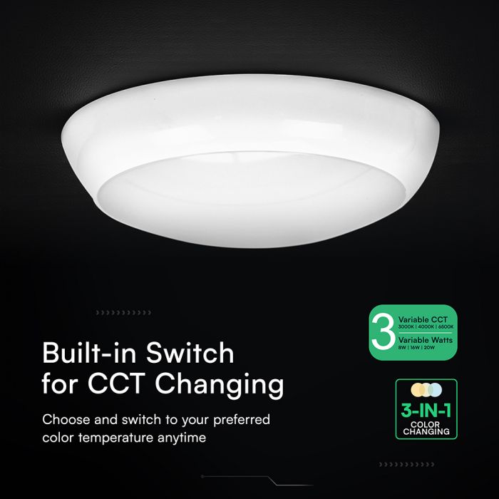 8W/16W/20W(1100–2700Lm) LED kupolveida gaismeklis ar avārijas funkciju un mikroviļņu sensoru, V-TAC VT-8633, SMD CREE, 135Lm/W, IP54, IK08, balts, Ø320x100mm, 110°, 3 gadu garantija, CCT 3in1