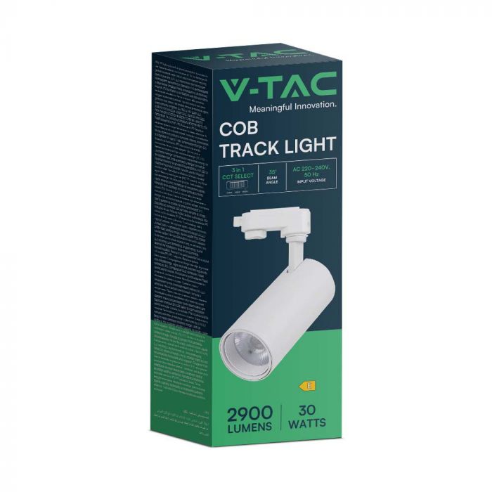30W(2900Lm) LED COB sliežu gaismeklis, balts atstarotājs,balts mugurējais vāks, V-TAC, IP20, 3IN1(2700/4000/6000K)